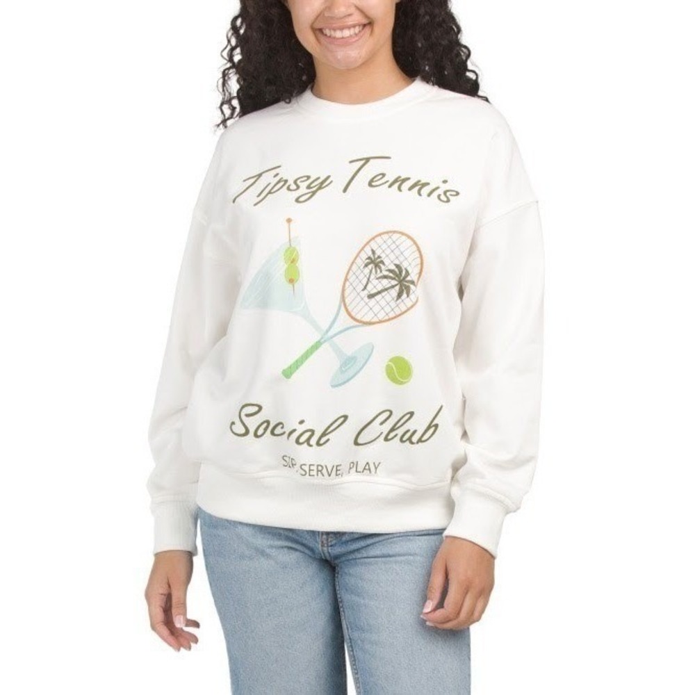 Gilli Tipsy Tennis Social Club Sweatshirt Size S White Martini Pullover NWT
